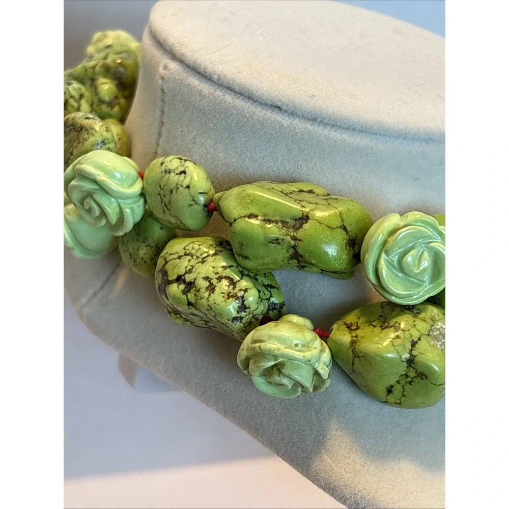 Artisan Apple Green Mineral Gaspeite Nugget Rose Southwest Statement Necklace